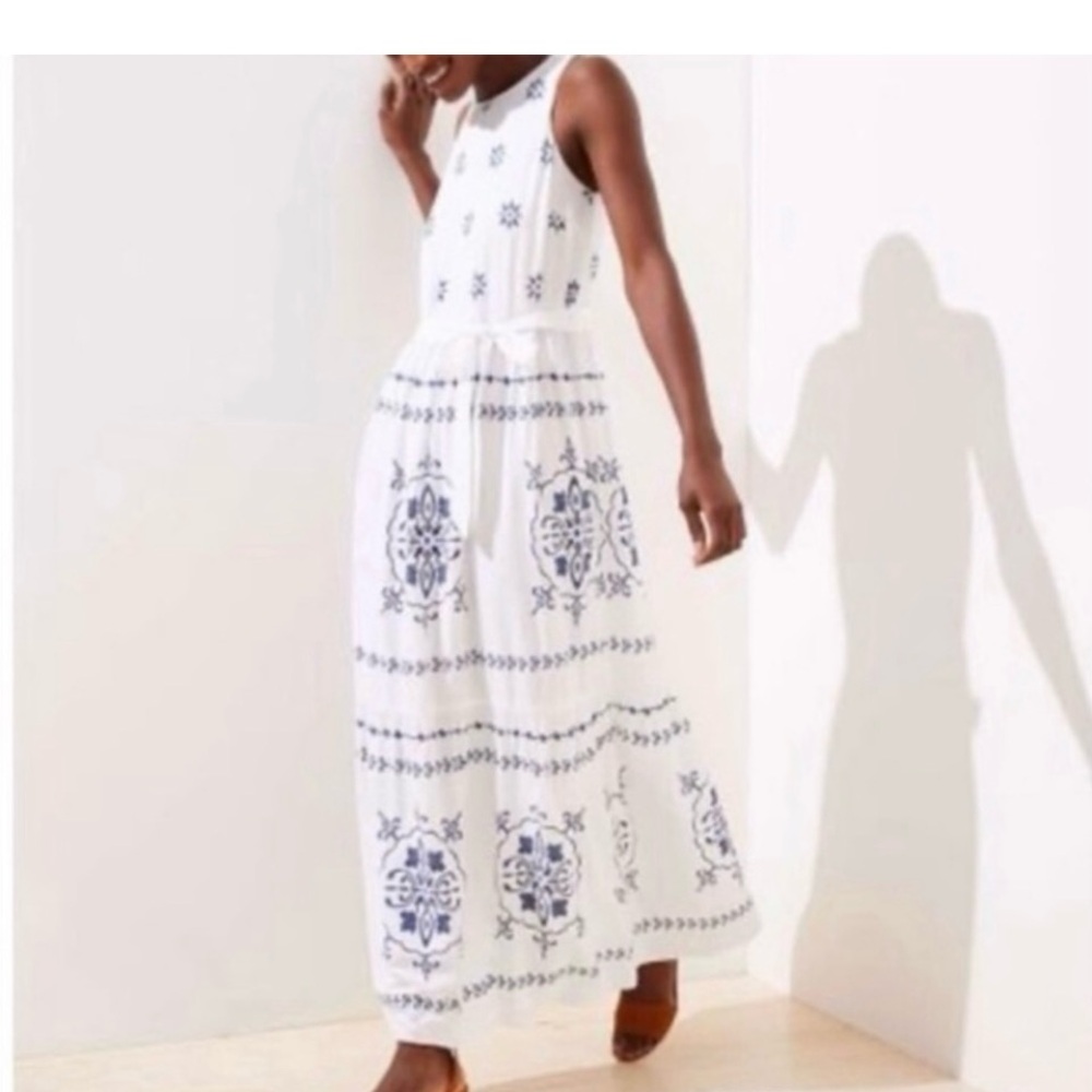 Loft White Navy Embroidered Medallion Maxi Dress. Size Large.